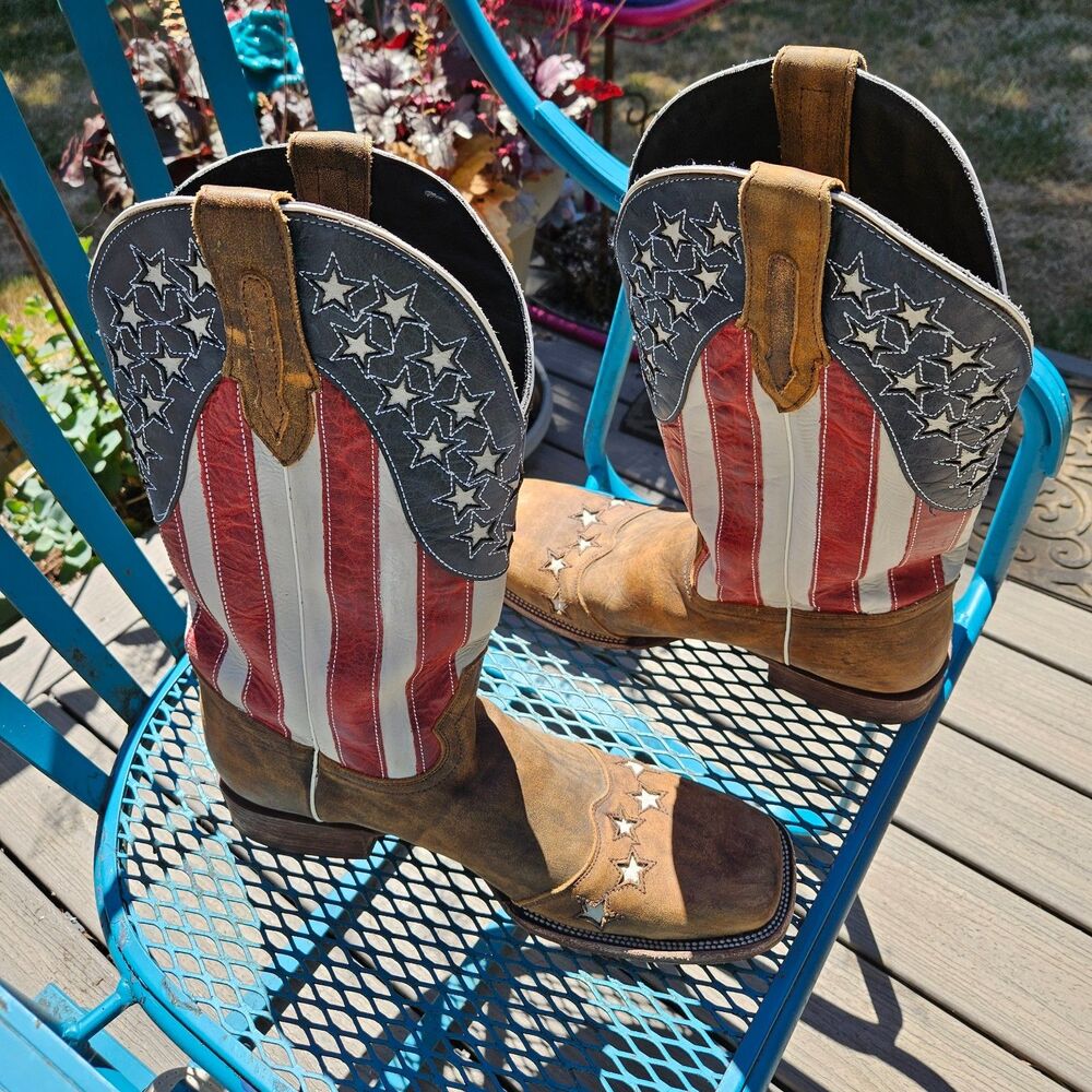 JB Dillon Men’s 14D Square Toe Distressed American Flag Patriotic Cowboy Boots